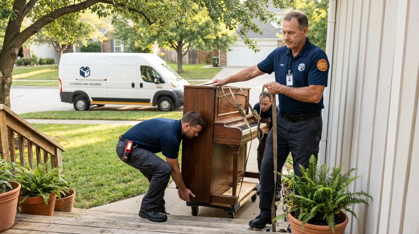 Licensed piano movers securing grand piano in Tyndall, SD