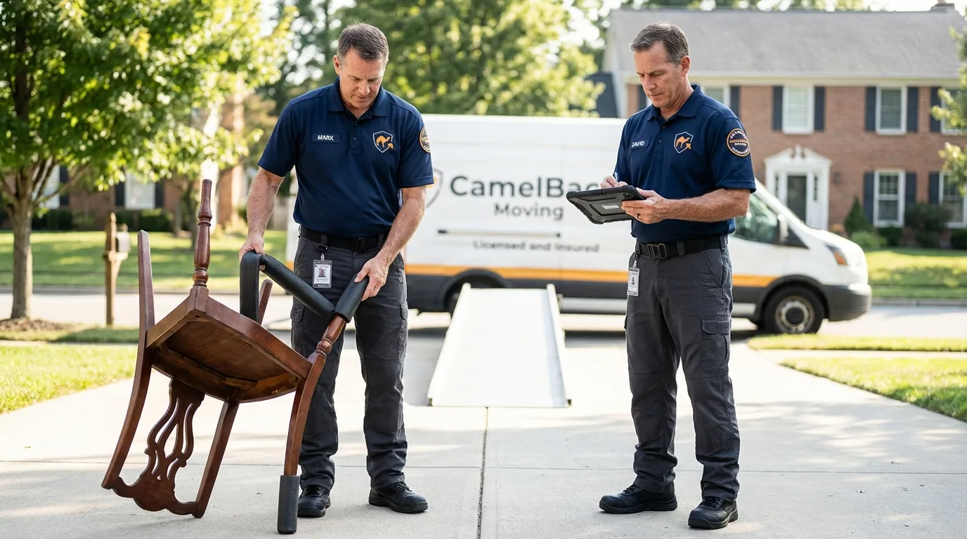 Movers inspecting furniture for damage prevention before loading in Tyndall, SD