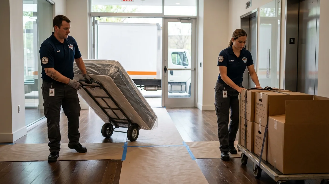 Professional apartment movers loading elevator in Tyndall, SD