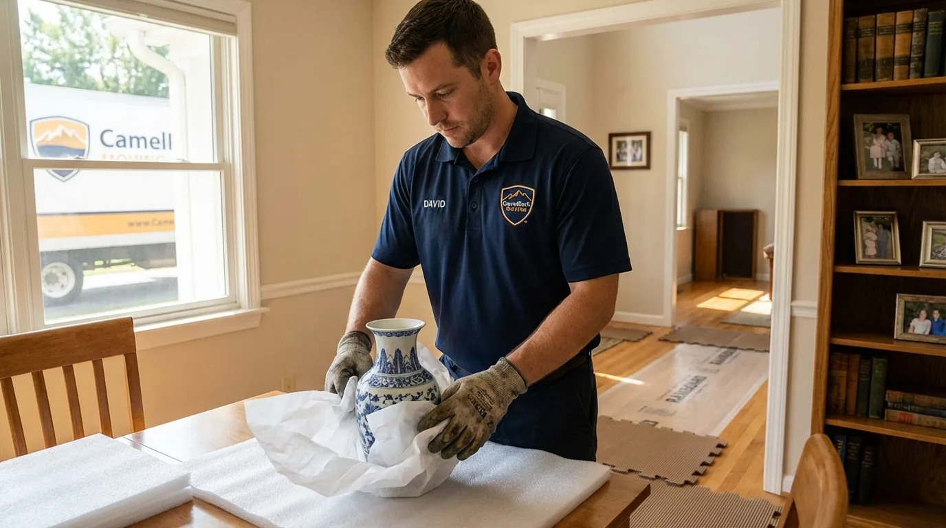 Professional crew carefully wrapping antique vase for senior downsizing move in Tyndall, SD